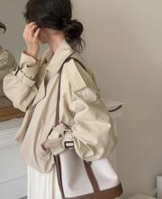 韩国chic秋季法式复古西装领两粒扣宽松休闲长袖短款风衣外套女