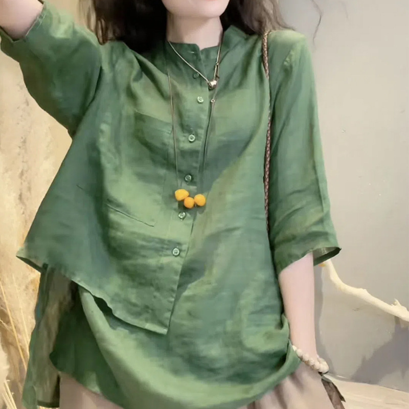 Women's Cotton Shirt, New Spring and Summer Style, Retro Design, Niche Three-Quarter Sleeves, Loose Fit, Tummy-Concealing, Slimming, Lightweight Top