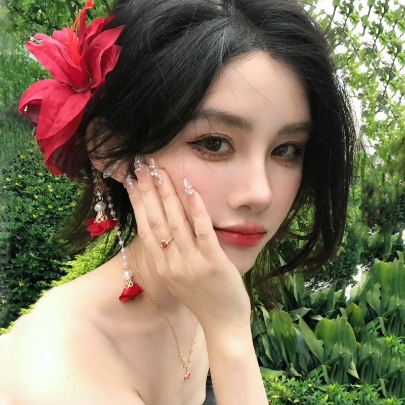 夏日新款时尚单品手工制作酒红色牡丹花流苏发夹小众精致风饰品女|undefined