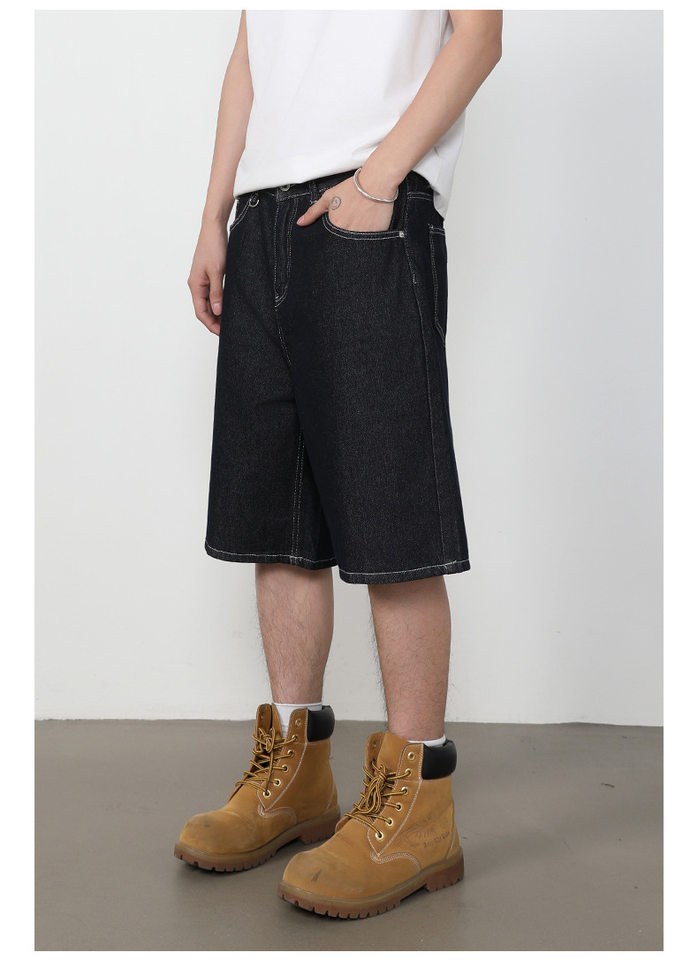 Quần short jean nam lửng ống rộng dáng suông phong cách retro, chất liệu denim thô — Denim đen, Xanh denim chi tiết 13