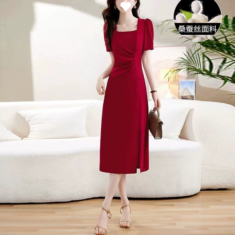 Ханчжоу, шелковое платье большого бренда, женское летнее новое элегантное платье с квадратным воротником и высокой талией, с короткими рукавами, однотонная шелковая юбка из шелковицы