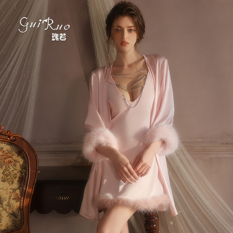 Rose-Like Solid Color Satin Metal Chain Shoulder Strap Deep V Seductive Plush Splicing Light Luxury Pajamas Loungewear Set 4653 Rose-Like Solid Color Satin Metal Chain Shoulder Strap Deep V Seductive Plush Splicing Light Luxury Pajamas Loungewear Set 4653
