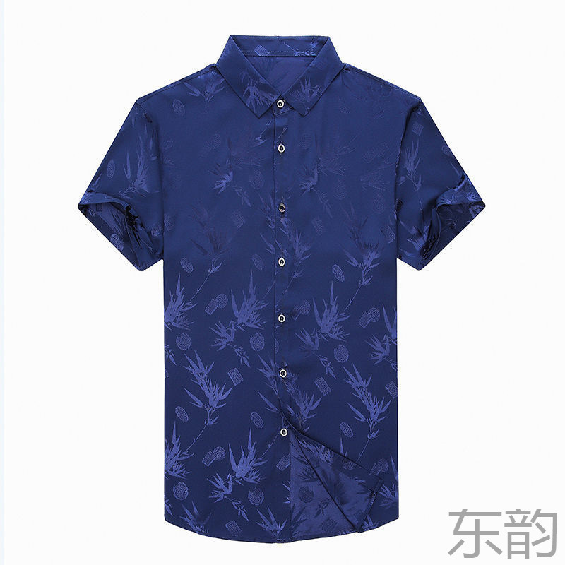 啄木鸟夏季桑蚕丝男士短袖衬衫印花免烫真丝中年商务冰丝衬衣梦伟|undefined
