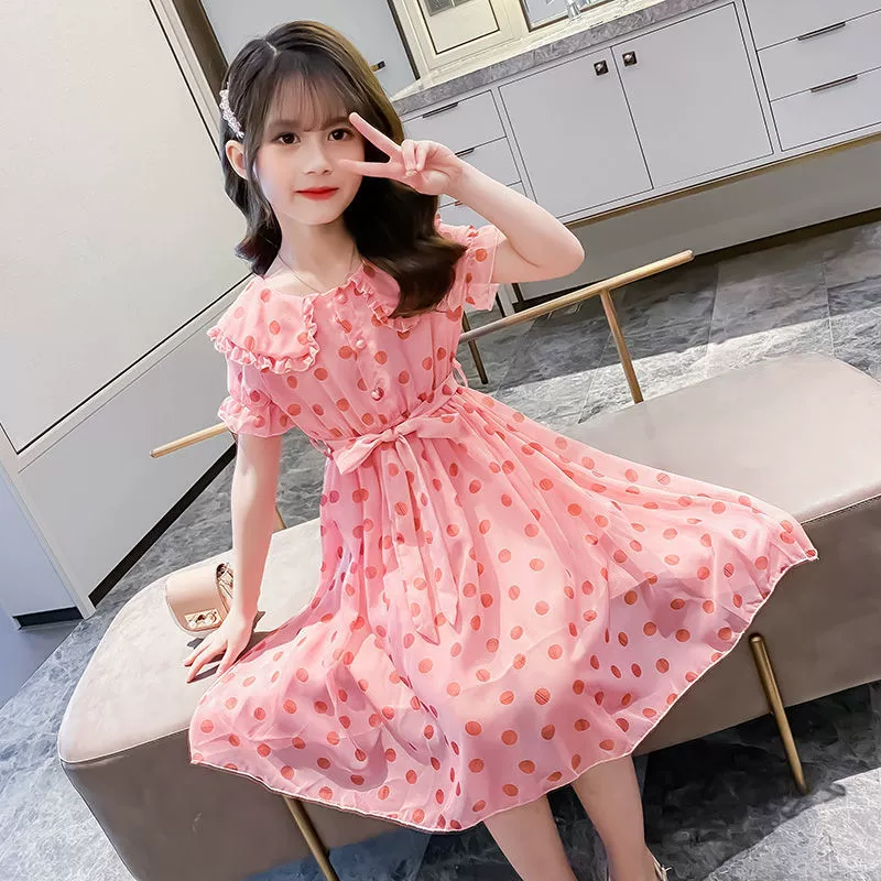 Платье в горошек для девочек, летнее платье в Корейском стиле, детское летнее платье, женское шифоновое платье большого размера, модное платье в западном стиле, 2020