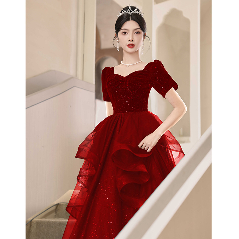 Brindis de novia 2025 nuevo rojo de alta gama boda lujosa francesa vestido de compromiso vestido de noche de alto nivel sensación de otoño y verano