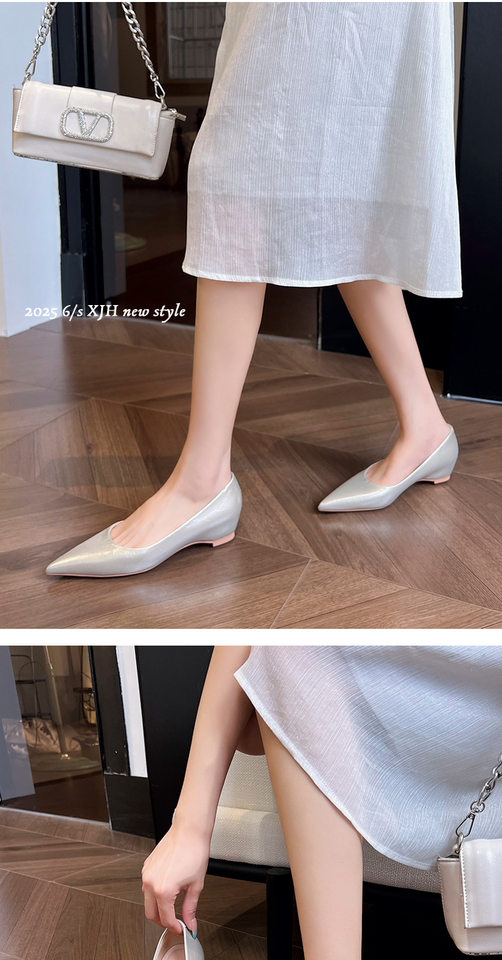 Giày cao gót nữ mũi nhọn tăng chiều cao bên trong, gót dốc 3 cm, da mềm, phối đồ công sở — Màu bạc, Màu mơ, Màu vàng nhạt chi tiết 9