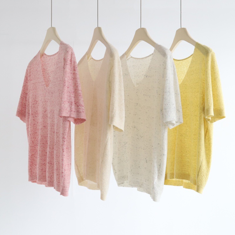 Wool Linen Blended V-Neck Loose Simple Colorful Yarn Short-Sleeved Knitwear Women's Autum New Inner Top