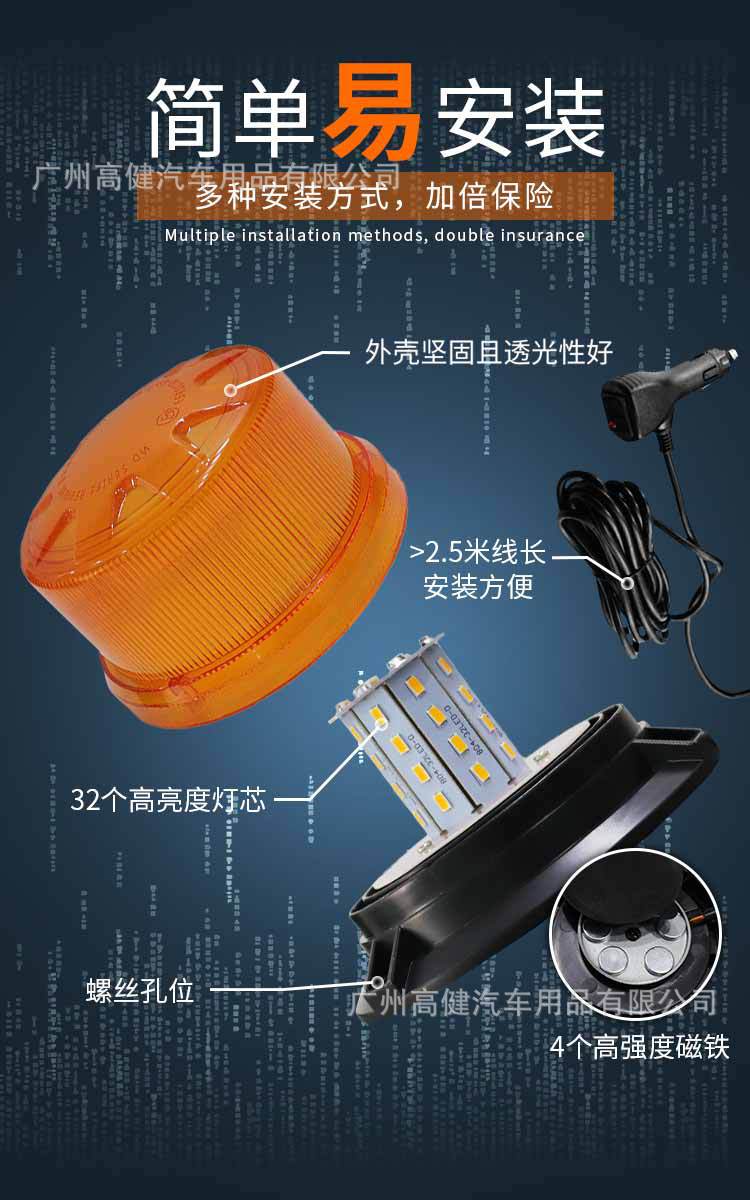 12-24V Magnetic Roof-Mounted Warning Light, Vehicle-Mounted Ceiling Strobe Light, Construction Vehicle Flashing Light, Night Warning Signal Light