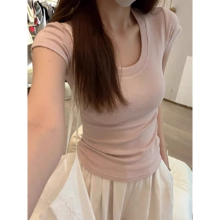 U领设计正肩短袖T恤女夏季新款辣妹修身紧身ins打底通勤粉色上衣