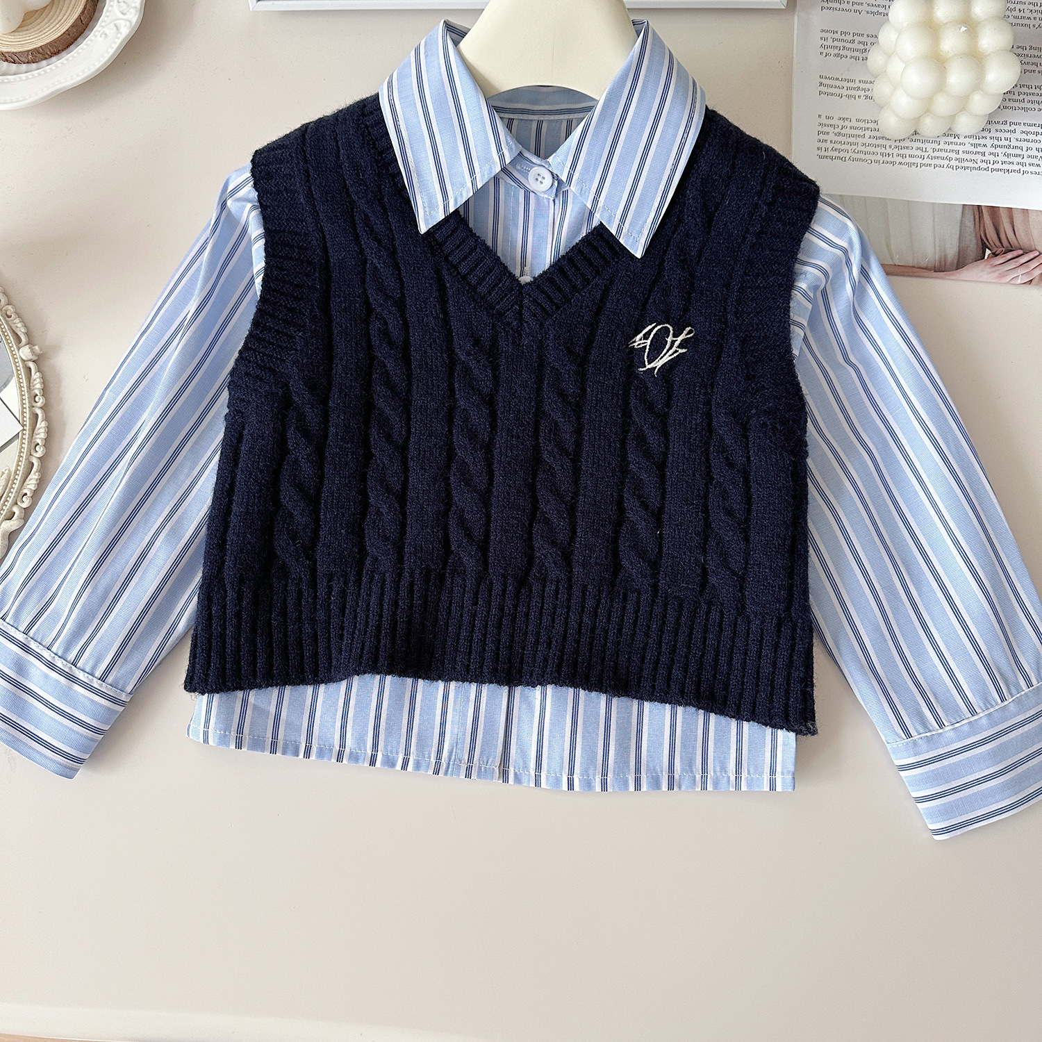 Mädchen Strickweste Gestreiftes Hemd Und Faltenrock 3-teiler Set_voghion.com
