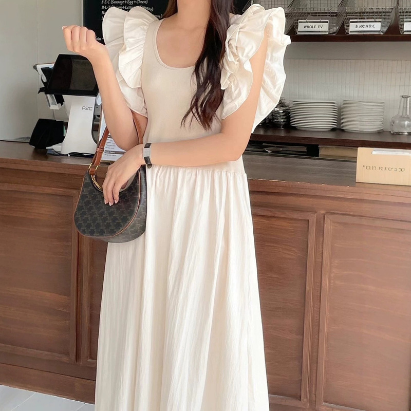 French-Style Gentle Style Solid Color Round Neck Flutter Sleeve Dress for Women, New Summer Loose Versatile Flared Long Dress
