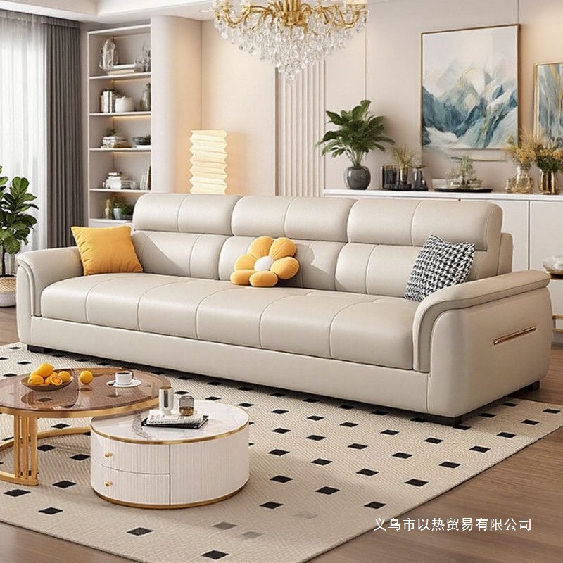 2025 New Nordic Leather Sofa Small Apartment Straight Row Three or Four Chaise Longue Leather Sofa Combination Living Room