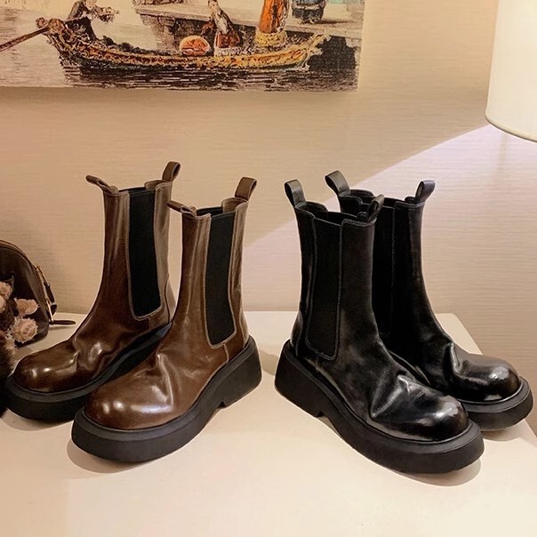 Grape Mom's New Autumn and Winter Heavyweight 6cm Shrink Pattern Horsehide Elastic Band Thick-Soled Thick-Heeled Short Chelsea Boots for Women