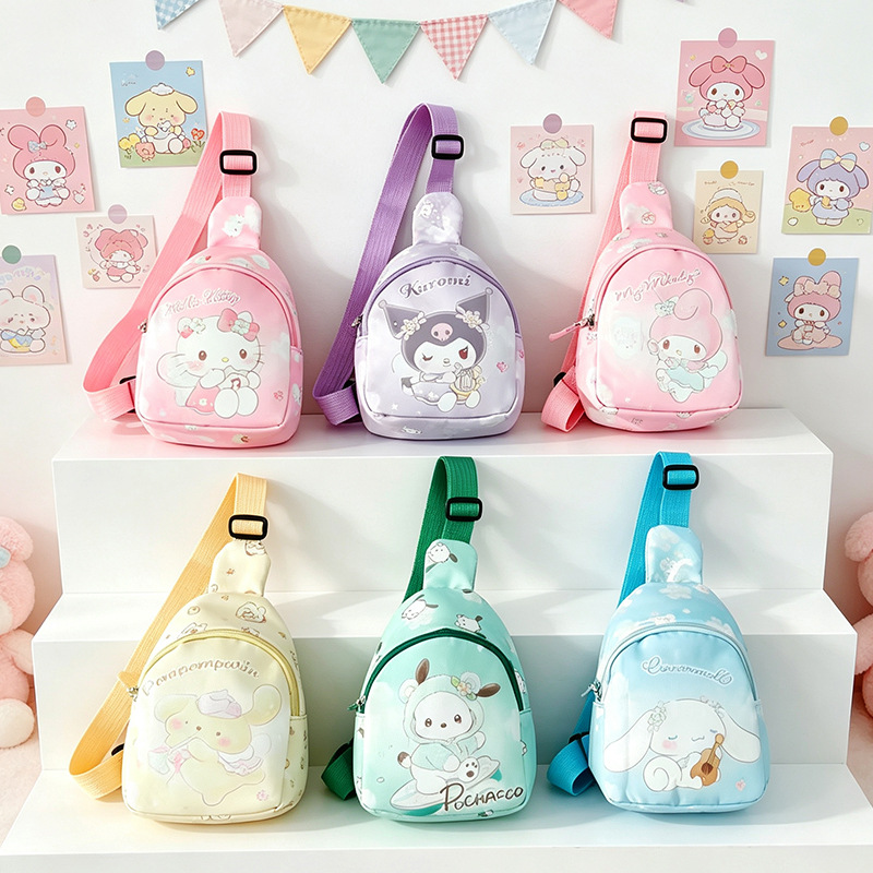 Children's chest bag, cute cartoon Kuromi design, single-shoulder bag for outings, fashionable accessory for boys and girls, crossbody bag