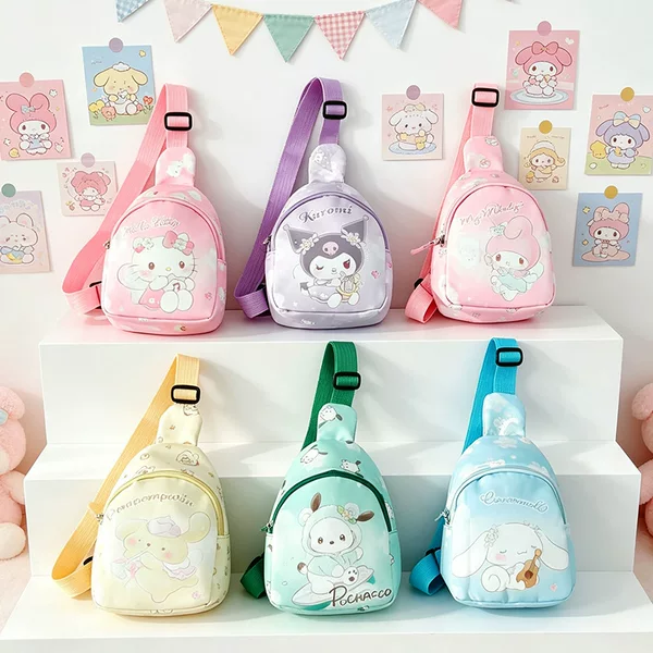 Children's chest bag, cute cartoon Kuromi design, single-shoulder bag for outings, fashionable accessory for boys and girls, crossbody bag