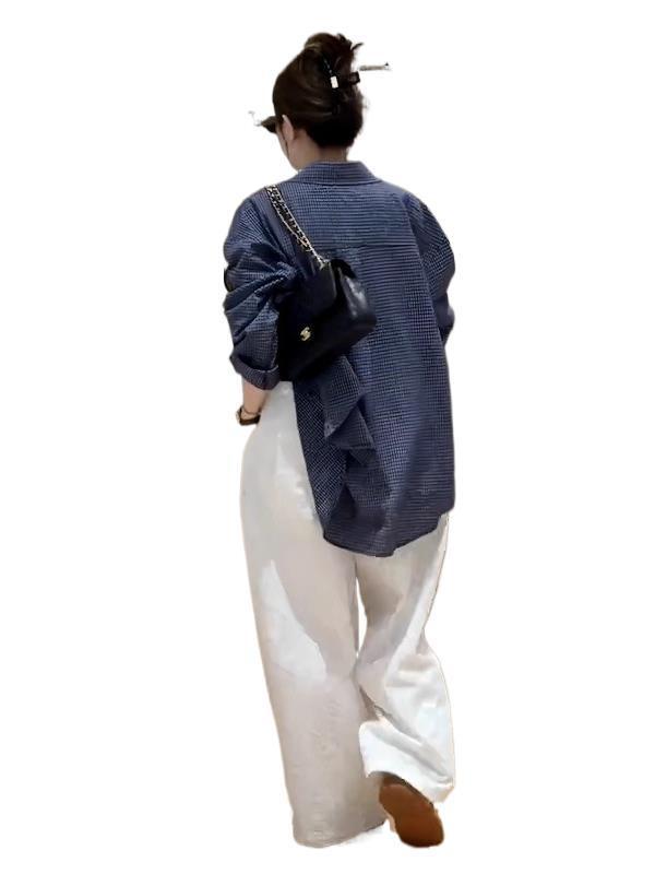 韩系蓝色格子长袖衬衫女2025早秋新款宽松时尚休闲慵懒风衬衣外套|undefined