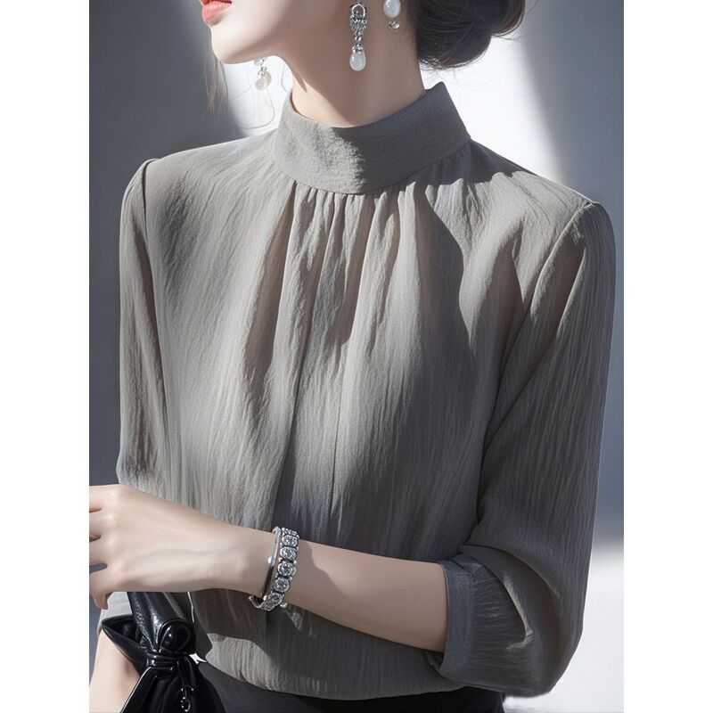 2026 Spring New Fashion Stylish Blouse with a French Flair, Elegant and Beautiful Light Gray Outerwear Shirt