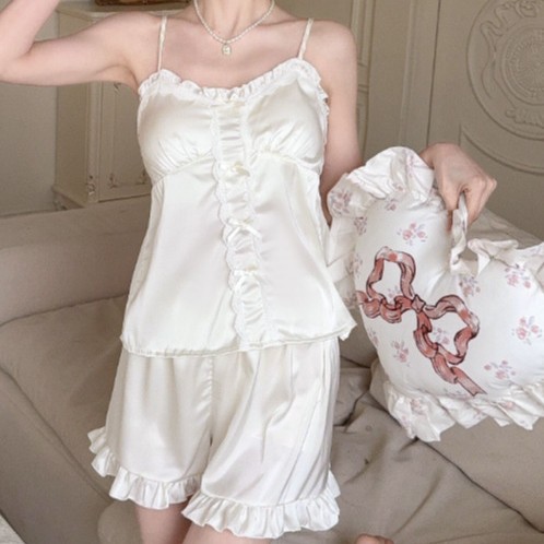 新款冰丝仿真丝睡衣女士性感蕾丝背心短裤两件套丝绸睡衣套装外贸