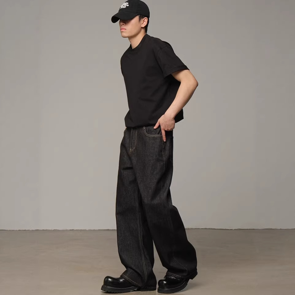 Classic American Raw Denim Jeans For Men – Straight Leg Relaxed Fit Washed Black Denim Pants, Vintage Style For Everyday Wear_mkmklike.com