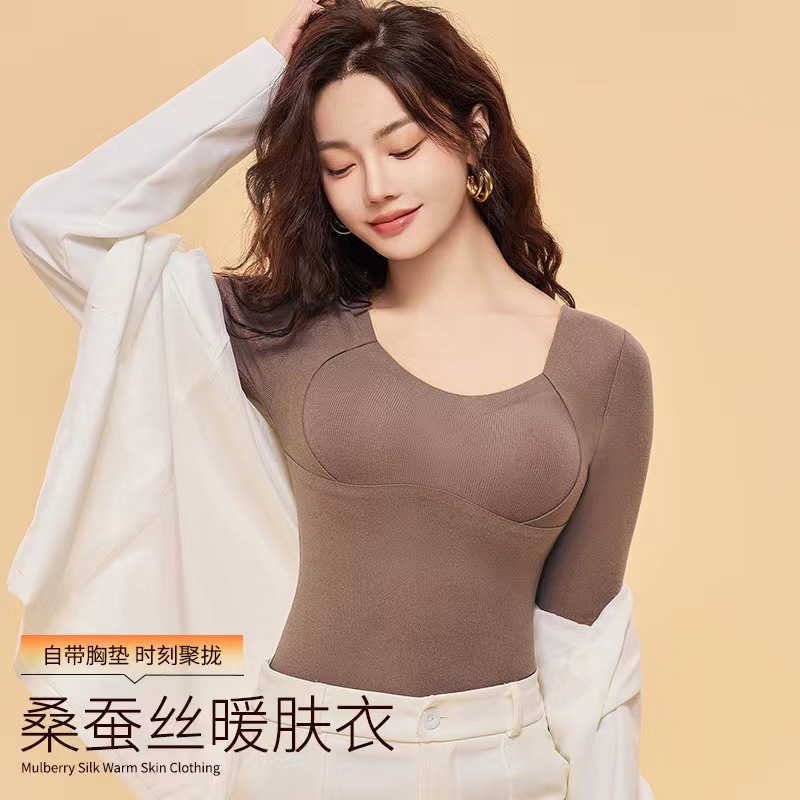 Fall winter mulberry silk羊绒暖肤保暖内衣加绒加厚固定杯发热外穿内搭长袖上衣