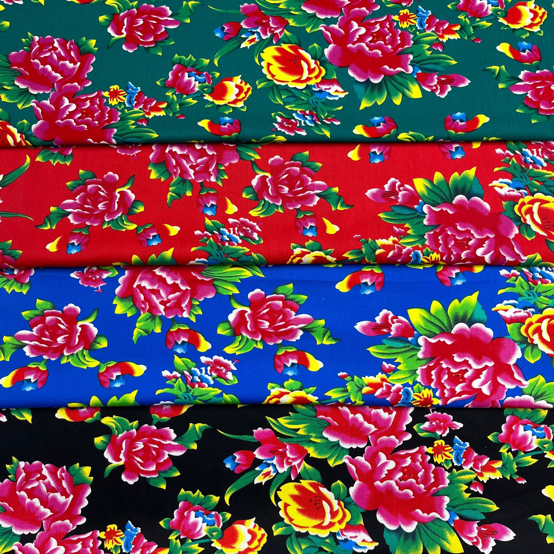 纯棉斜纹纱卡东北大花布牡丹花 棉袄外套家居被套面料