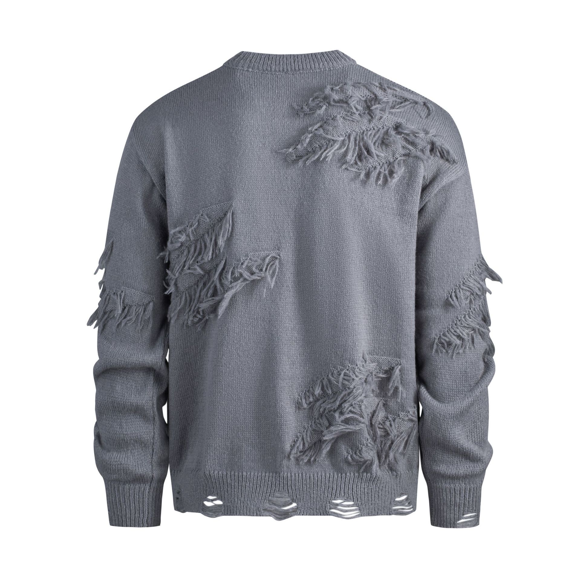 Men's Distressed Knit Sweater Oversized Casual Crewneck Pullover With Slit Hem Trendy Fashion Trends_voghion.com
