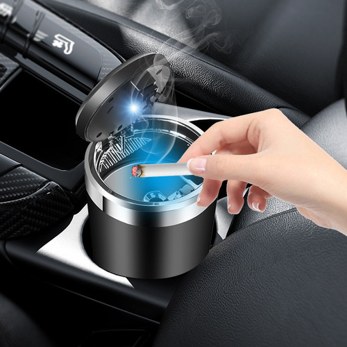 Car ashtray push-type metal liner creative home and car dual-purpose LED light flame-retardant ABS car ashtray