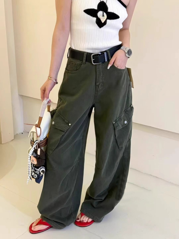 工装牛仔裤女2025年秋季新款高腰显瘦大口袋阔腿宽松休闲直筒长裤|undefined