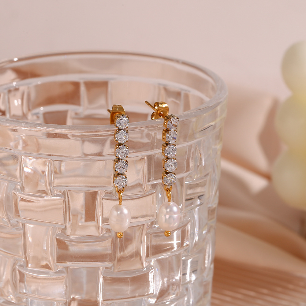 Zircon Chain Freshwater Pearl Stainless Steel Earrings