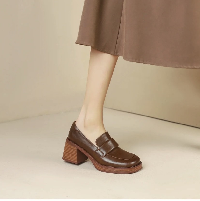 Pantofi sport Lefu cu toc gros din piele naturală, cu gura adâncă, pentru femei, cu cap pătrat, maro, impermeabili_voghion.com