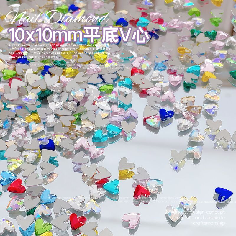 Super Flash 10*10mm Flats Bottom V Heart Glass Water Drop Special-Shaped Nail Art Diamond Nail Decoration Material Wearable Nail Wholesale