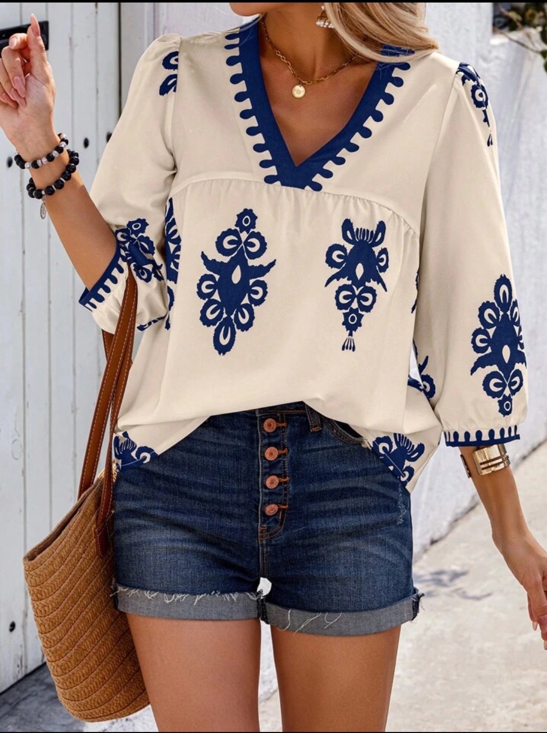 Women's Clothing Summer Short Sleeved Digital Printing V Neck T Shirt_ecoleips.com