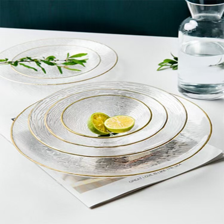 Japanese-Style Gold-Rimmed Horizontal Stripe Glass Bowl and Plate Set, Creative Fruit Salad Transparent Bowl and Plate Tableware, Western-Style Dinner Plate, Dreamy Plate
