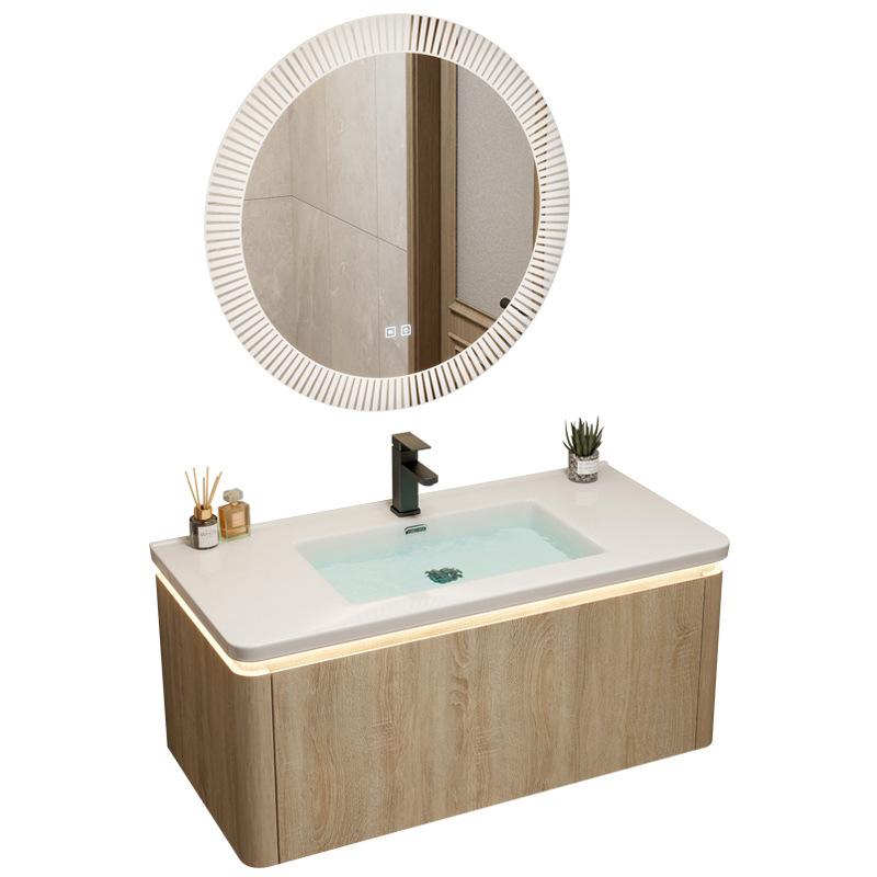 Color de madera cuenca de cerámica integrada esquina redondeada combinación de gabinete de baño lavabo de lavado de manos lavabo de baño piscina
