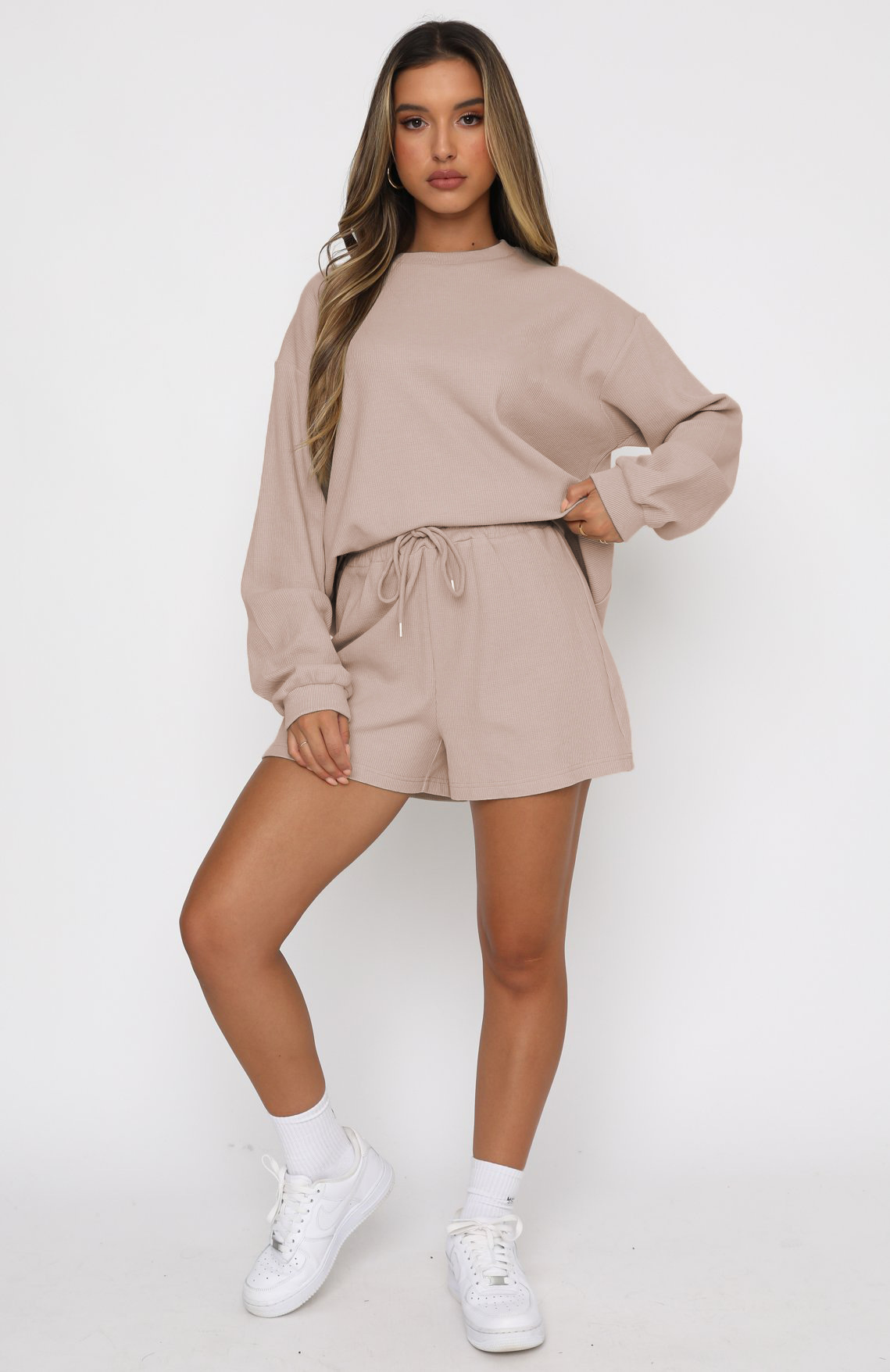 Pants Long Sleeve Round Neck Waffle Sweatshirt 2 Piece Shorts Set NSMDF81534