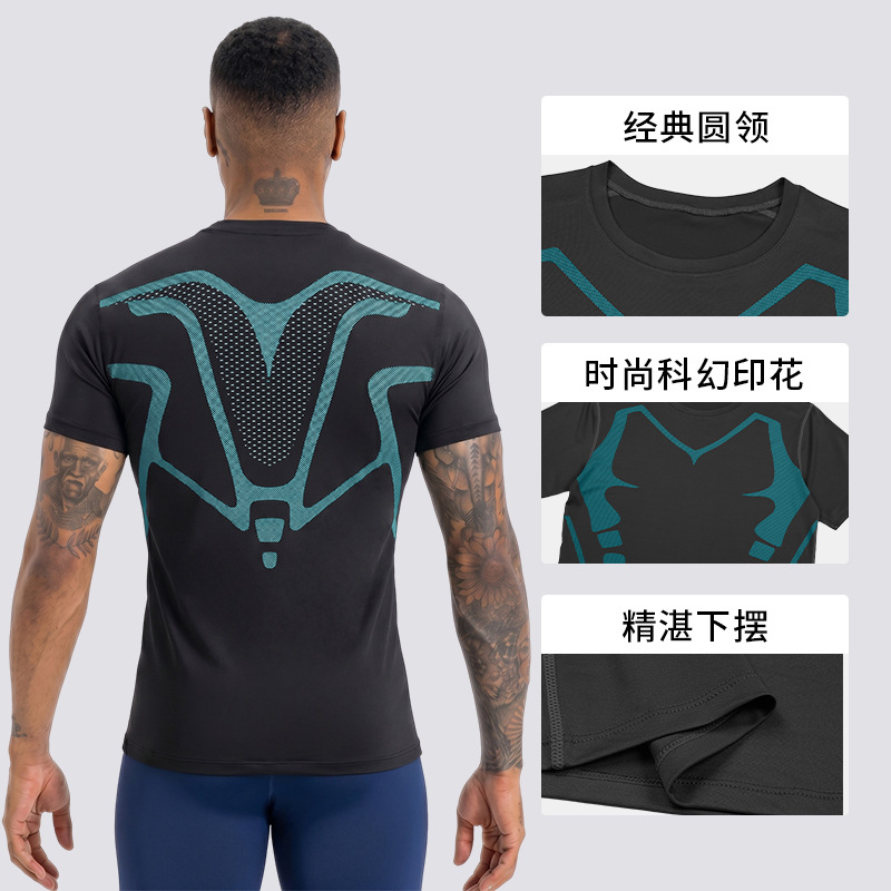 Cross-border high-end de manga corta ropa de fitness para hombres correr al aire libre T-velocidad ropa seca de cuello redondo alta elástica entrenamiento corset