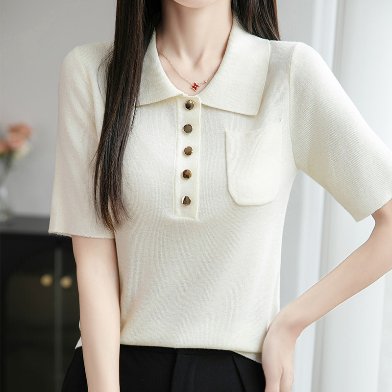 25 夏の新アイスシルクポロカラーセーター半袖 Tシャツ女性の無地プルオーバーボトリングシャツトップ|undefined