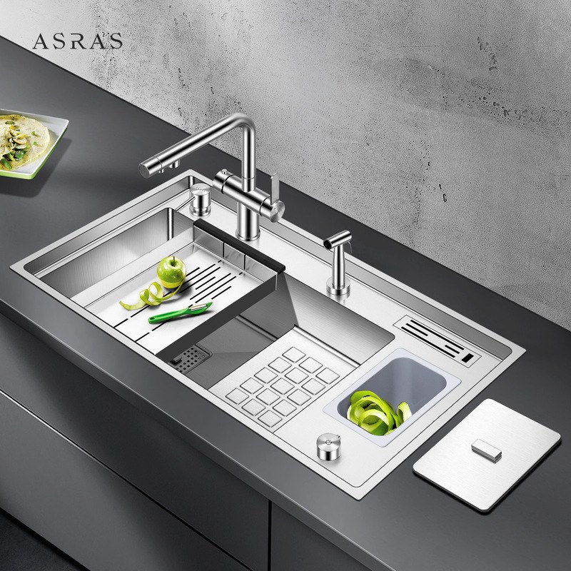 Asas Stepped Sink Trash Can Sink 304 Stainless Steel Handmade Sink Kitchen High and Low Large Single Sink Asas Stepped Sink Trash Can Sink 304 Stainless Steel Handmade Sink Kitchen High and Low Large Single Sink