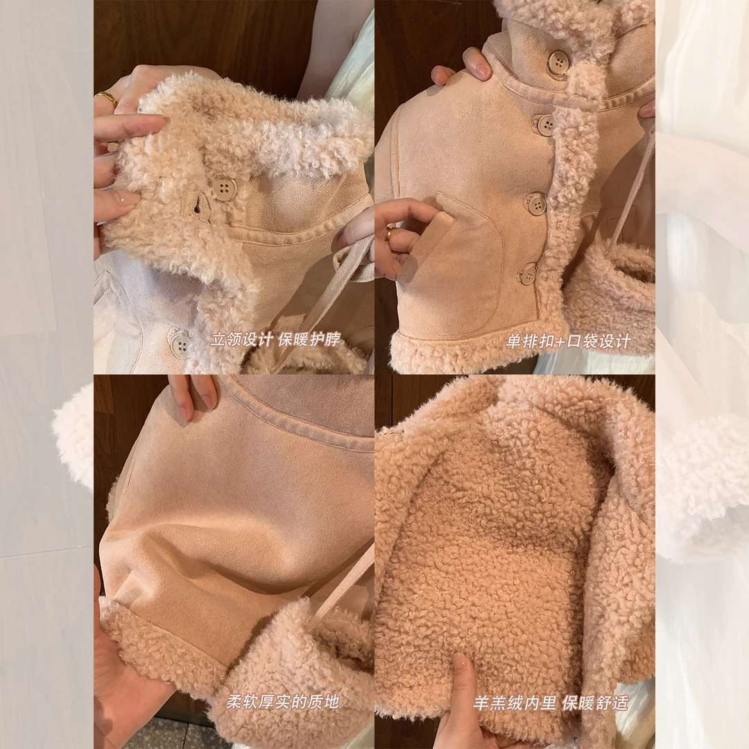 Dulce niña de piel de águila abrigo de invierno 2025 nuevo abrigo de cachemira de cordero de niña pequeña y media