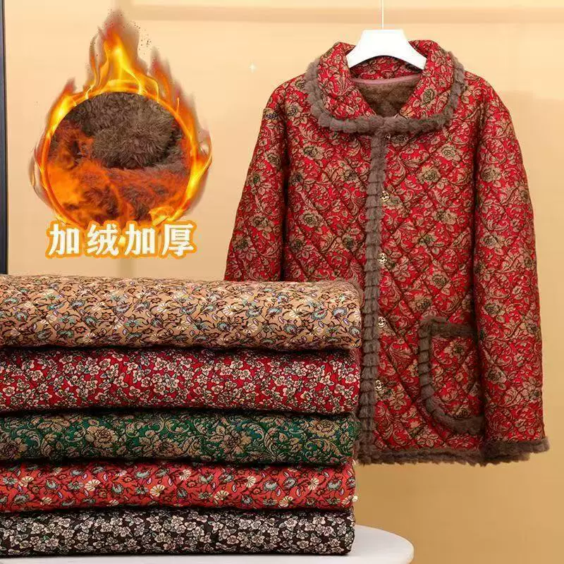 中老年妈妈冬装加绒加厚翻领棉衣新款奶奶装大码宽松短款碎花棉袄