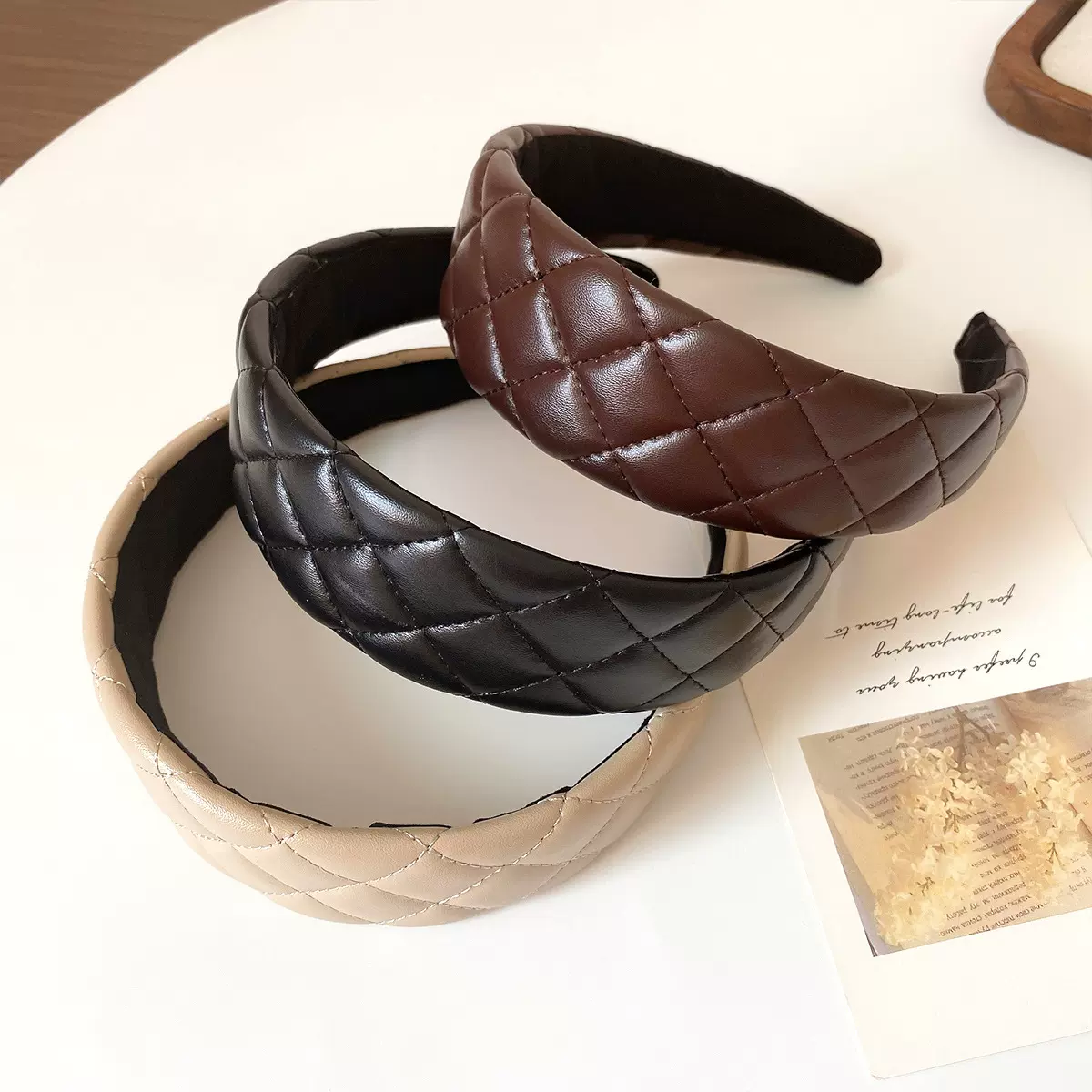 韩版新款pu皮质网格发箍宽边皮革菱格简约压发复古高级感头箍发饰