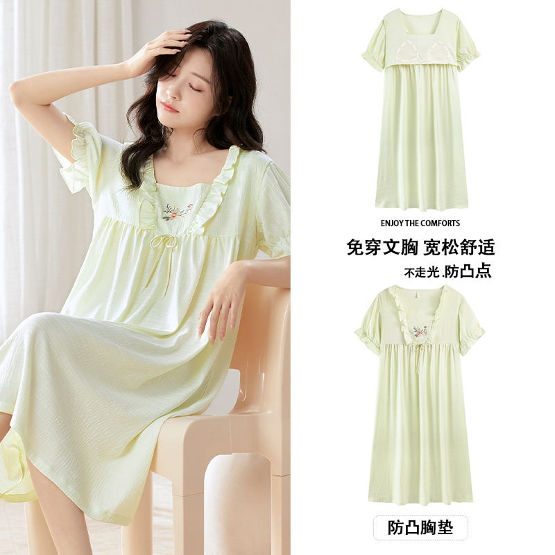 Pijama de verano de mangas cortas de la princesa vestido de pijama delgado suelto de verano de algodón nublado largo vestido