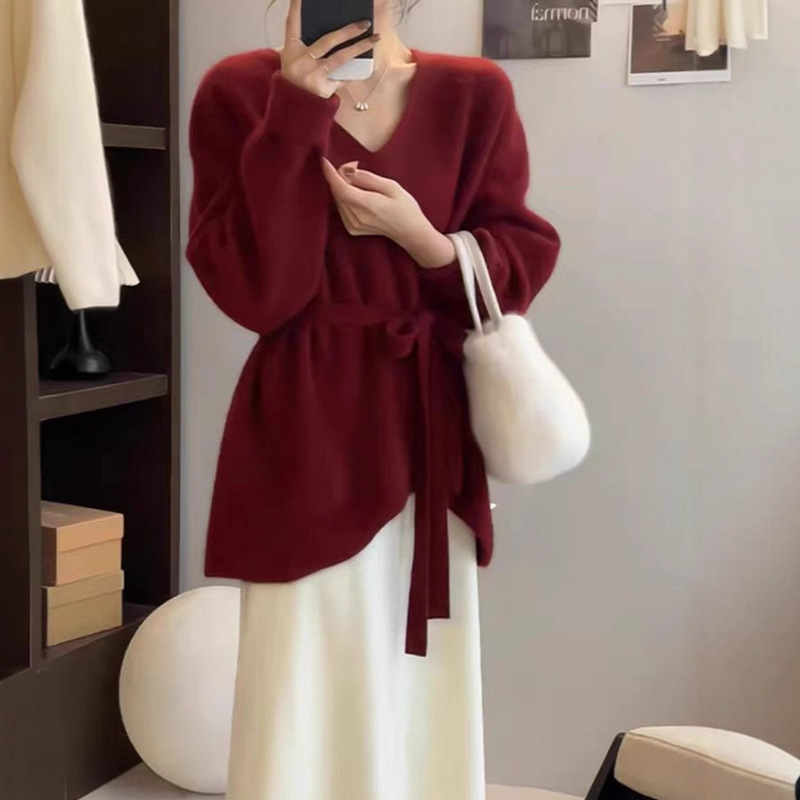 韩系不规则针织衫V领毛衣女秋冬中长款慵懒针织衫设计感系带上衣|undefined