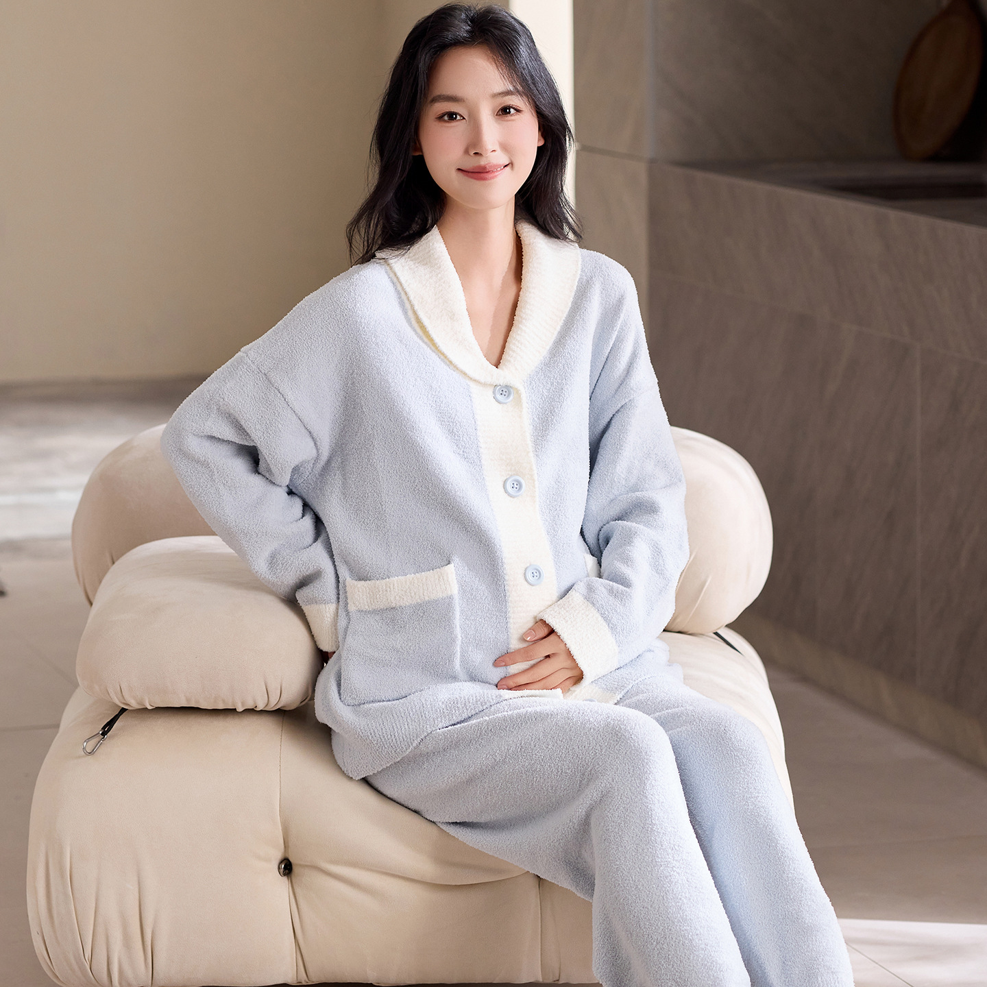 Autumn and Winter Postpartum Clothing Cardigan Flannel Pajamas for Women Pregnant Women Postpartum Home Clothes Set Thickeneded Half Velvet Women