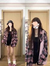 美式复古格子衬衫外套女春秋季2025新款oversize早春长袖上衣衬衣