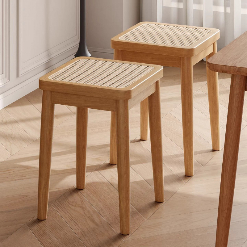 Solid Wood Rattan Stool Stackable Home Medieval Dining Stool Retro Leisure Square Stool Restaurant Spare Chair High Bench