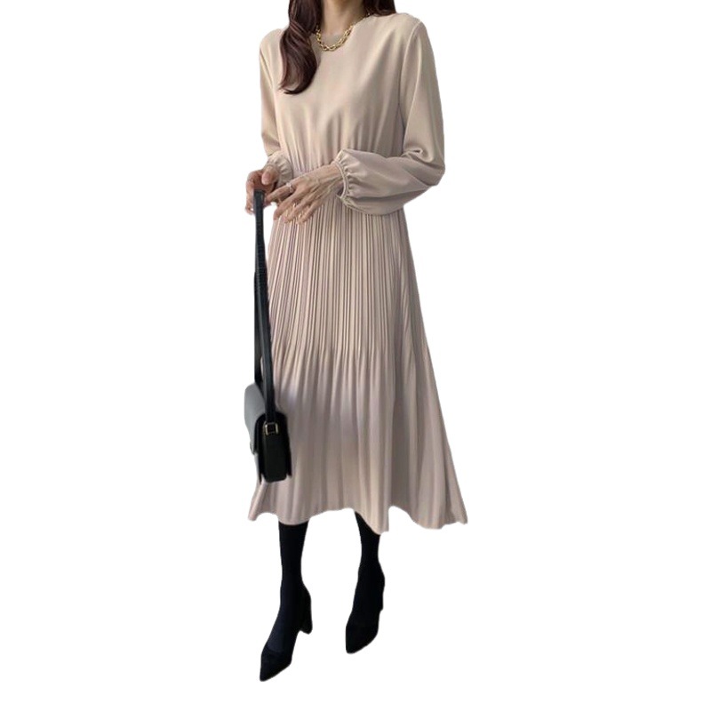 スポット 4 色 2023 シックな韓国スタイルの新しい気質の女性のウエスト痩身プリーツロングドレス