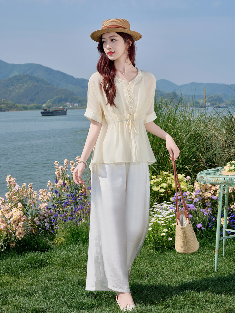 Bộ đồ mùa hè nữ Tencel cao cấp áo hai dây quần ống rộng ba món SY2697 — Bộ màu như hình