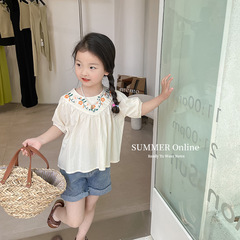 Elmo Beibei Baby Girl Embroidered Flowers Washed Cotton Babydoll Girl Korean Style Western Exquisite Short-Sleeved Top Summer