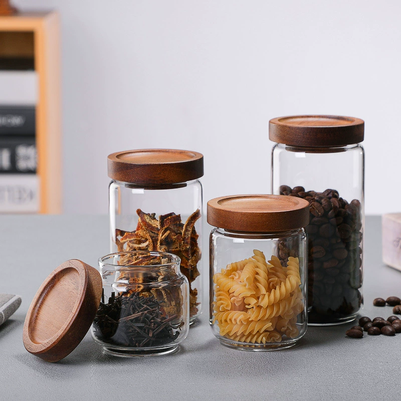 Стеклянная банка для хранения, borosilicate-стекло с деревянной крышкой, 80–250 мл (Ø 6 см)